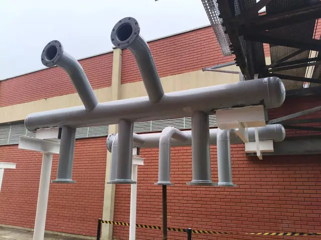 Coletores de tubulação metálicos com saídas flangeadas junto a edificação industrial