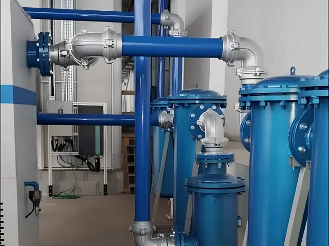 Tubulações azuis com filtros em sala técnica