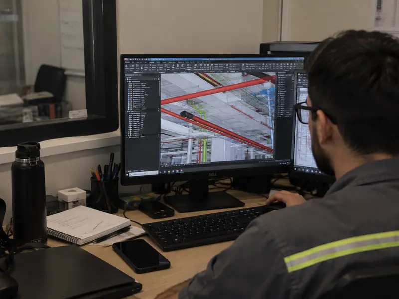 Projetista trabalhando em modelo 3D de instalações industriais em estação de trabalho